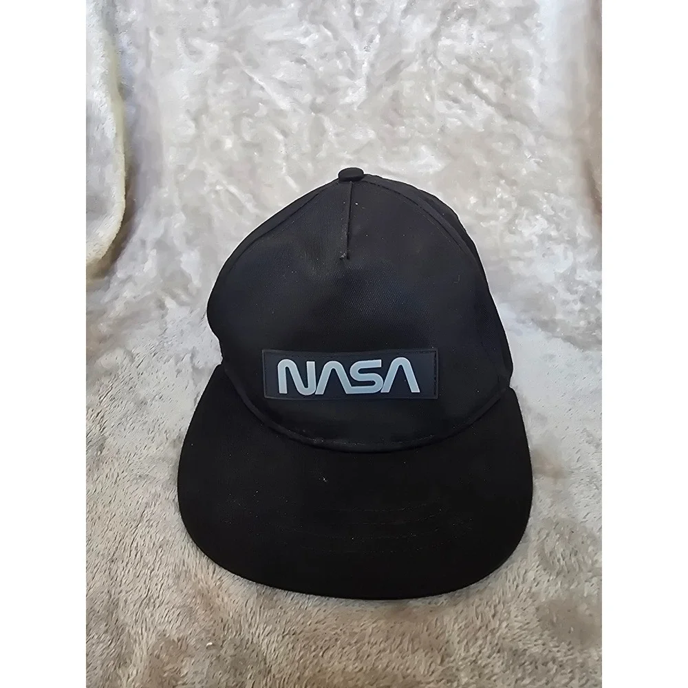 NASA Black Snapback Hat Rubber Logo Patch Flat Brim Space Earth Graphic youth